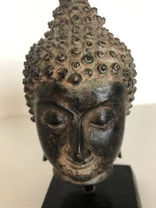 Buddha Head Vintage Thai Cast Metal Mounted Timber Block 18.5 cm - Bild 1 von 15