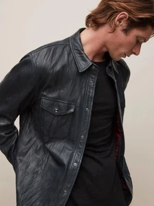 $ 798 Neu mit Etikett John Varvatos geknittertes Lionel Lederhemd Jacke Small Herren schwarz " - Bild 1 von 14