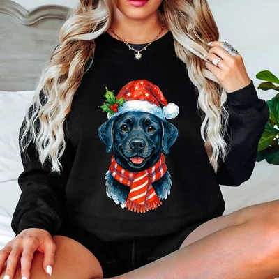 GOFASHIONDIRECT Black Labrador Dog Christmas Holiday Womens Sweatshirt Santa Hat Scarf Jumper