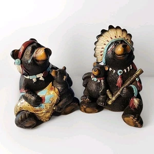 VTG Chief Black Bear, Mama & Cubs Set Of 2 Resin Figurine Native American - Picture 1 of 10