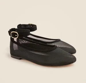 J.CREW NIB $178 Mesh Andi Ballet Flats Shoes W/ Ankle Strap in Black - Size 10 - Foto 1 di 3