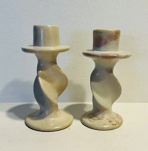 Set of 2 Hand Carved Stone Candle Holders Beige Abstract Twisted Design - Picture 1 of 7