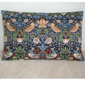 William Morris Strawberry Thief Cushion Cover Oblong Bolster 20" x 12" Blue Red - Picture 1 of 1