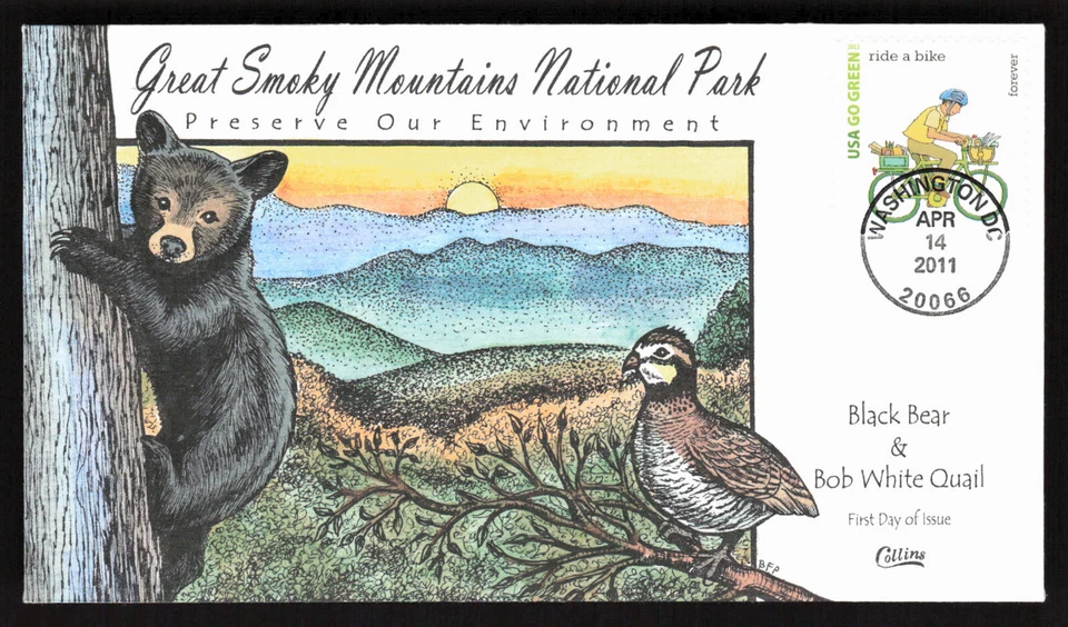 GREAT SMOKY MOUNTAINS NATIONAL PARK GO GREEN FDC COLLINS HAND COLORED US COVER - Image 1 of 1