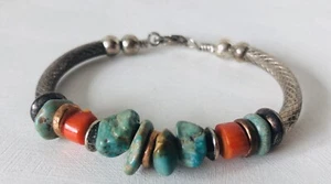 Brazalete Brazalete Metal Tono Plateado con Piedra Turquesa y Coral y Cuentas Metal - Imagen 1 de 11