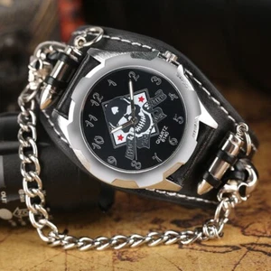 Gothic Men's Skull Watch Arabic Number Quartz Watches Leather Band Luminous Hand - Picture 1 of 12