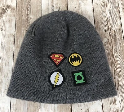 Justice League Beanie Cap Youth Boys Gray Embroidered Patches Batman Superman - Image 1 of 4