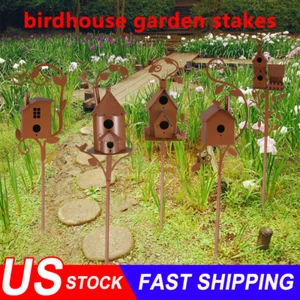 Metal Birdhouse Art Stake Outdoor Rustic Bird House Stand Garden Yard Decor - Picture 1 of 13