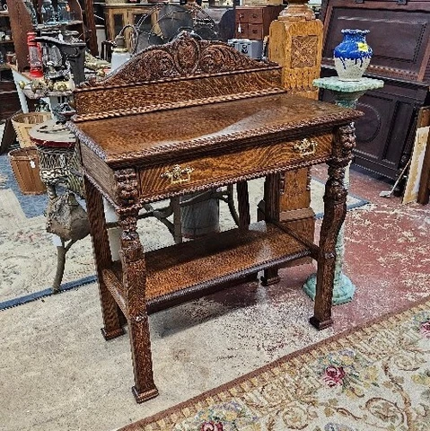 Antique Table Hall Entry Console Table Drawer Lower Shelf Oak c. 1900s-jtc Cover