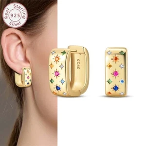 KUNSIR 925 Sterling Silver Gold Square Color Star CZ Huggie Hoop Earrings Women - Picture 1 of 6
