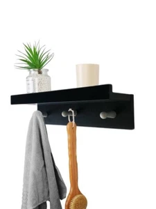 WOLTU MDF Wood Wall Mount 3 Hooks Black Shelf Size 35.5x8.8cm NWB NEW - Picture 1 of 6