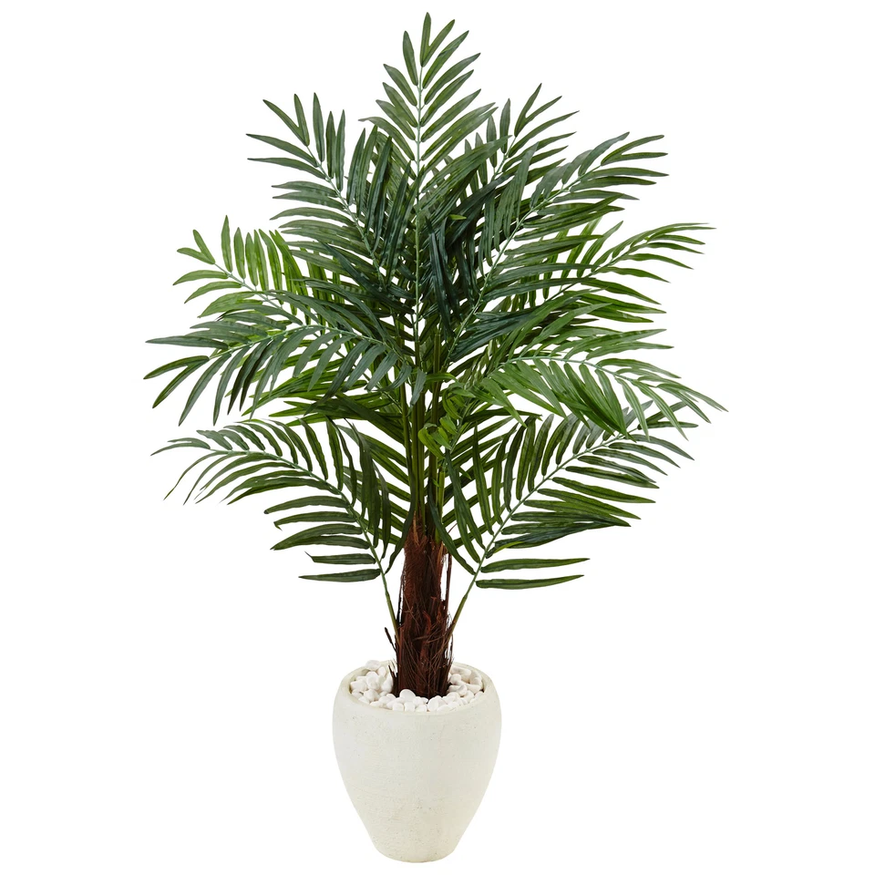 Nearly Natural 4.5’ Areca Palm Tree in White Oval Planter Realistic Home Decor - Image 1 of 1