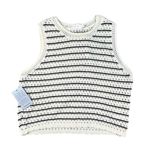 All In Favor Large Ivory/ Cream Black Stripe Open Knit Cropped Sweater Tank New - Picture 1 of 6