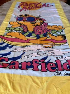 Vintage 1978 Garfield Beach Towel Party Animal Yellow Pink Surfing 29x56" - Picture 1 of 11