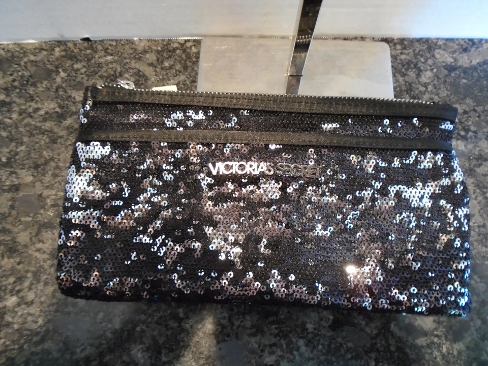 Victoria's Secret Evening Bag Purse Black Silver Sequin Zipper Clutch Classy - Image 1 of 4