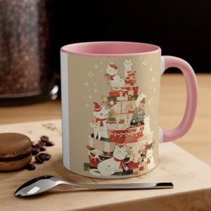 Tazza da caffè colorata 11 oz anime gatto bianco famiglia che festeggia il Natale albero di Natale - Foto 1 di 21