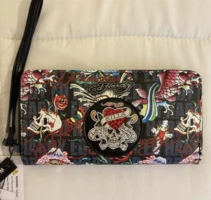 Ed Hardy Kalbsleder Geldbörse Y2K Tattoo Totenkopf schwarz Love Kills langsam umlaufender Reißverschluss Neu mit Etikett - Bild 1 von 5