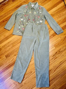 Susan Graver Style Floral Embroidered Pant Suit Womens M/L Career Soft Relaxed - Picture 1 of 9