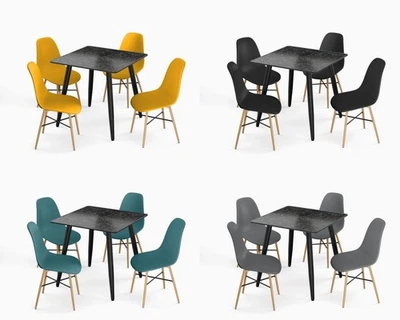 Modern Black Ceramic Dining Table with 4Pc Lounge Chair Set with Solid Wood Legs - Image 1 of 4