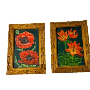 Juego de 2 marcos tallados en madera pinturas florales vintage 2 amapolas lirios de tigre 5,5X7,5" - Imagen 1 de 8