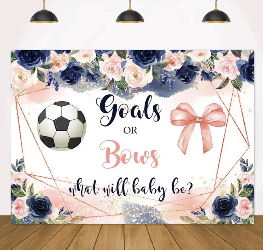 Lofaris Soccer Gender Reveal Goals or Bows Baby Shower Backdrop Flowers Blue New - Image 1 of 1