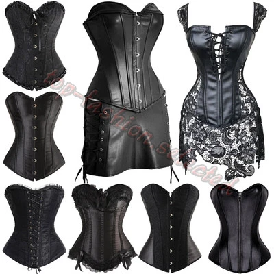 UK Sexy Ladies Black Boned Corset Tops Punk Basque Burlesque Lingerie Plus Size - Image 1 of 4