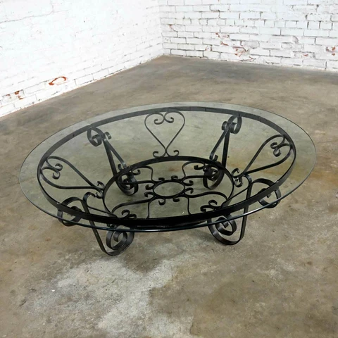 Vintage Rustic Hand Wrought Iron Round Coffee Table with Glass Top Cover