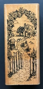 COTTAGE PATH PICKET FENCE ARBOR ARCH COUNTRY HOME Stampendous Wood Rubber Stamp - Picture 1 of 4