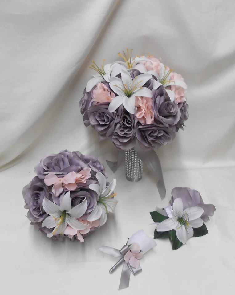 18 Piece Package Silk Flower Wedding Bridal Bouquet Grey White Lily Peach Blush - Image 1 of 4
