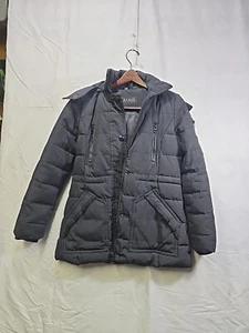Guess Los Angeles Black Womans Puffer Small Coat Jacket W Fur Hood - Picture 1 of 11