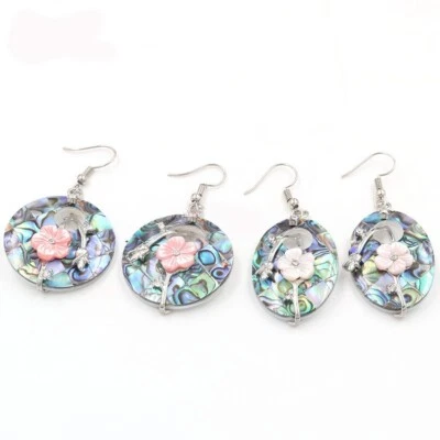 2pcs 1 Lot Genuine Abalone Shell Flower Carved Shell Gems Silver Dangle Earrings - Image 1 of 4
