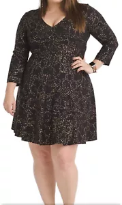 Usado en excelente estado más 5X Hutch $248 hasta la rodilla oro negro papel de aluminio punto ajuste y llamaradas vestido elástico - Imagen 1 de 11