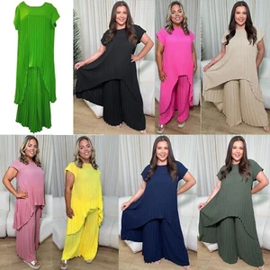 Womens Sleeveless Pleated High Low Top and Wide Leg Trouser Co Ord Set Tracksuit - Picture 1 of 8