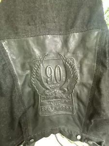 Vintage 1993 90th Anniversary XL Harley Davidson Black Denim Leather Jean Jacket - Picture 1 of 4
