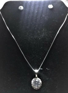 Cubic Zirconia Round Halo Necklace & Stud Earrings Sterling Silver. - Picture 1 of 2