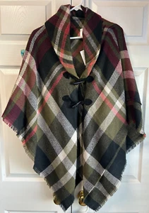 WOMENS DRESS BARN PONCHO MULTICOLOR PLAID PRINT BUTTON CLOSURE ONE SIZE - Picture 1 of 1
