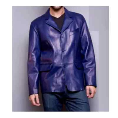 Navy Blue Men Lambskin Blazer Stylish Business 100% Handmade Formal Leather - Image 1 of 4