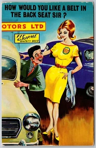 Postcard Humor How Would You Like a Belt in the Back Seat Sir Car Salesman Woman - Picture 1 of 2