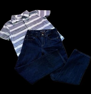 PLACE~CHEREKEE~SZ 10 LOT OF 2 BOYS BLUE JEANS AND MATCHING BLUE STRIPED SHIRT EC - Picture 1 of 12