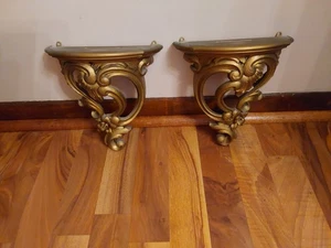 Vintage Paar MidCentury 1970 verzierte Gold Wandregal Wandlampen - sehr gut - Bild 1 von 6