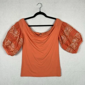 Free People Blouse Sz M Coral Rock With It Puff Sleeve Off the Shoulder Top Boho - Picture 1 of 8