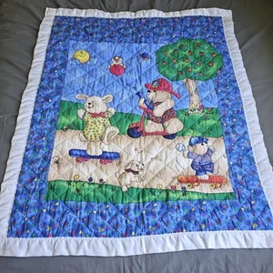 Homemade Baby Bed Crib Quilt Fireman Puppy Dog Blue White Red 41X35 - Picture 1 of 5