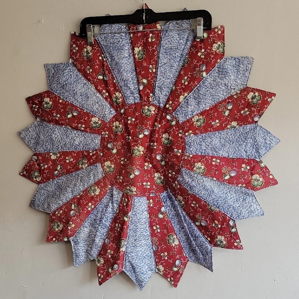 Vintage 28" wide Floral Quilted Decor Handmade Red Blue Sunburst Table Topper - Image 1 of 4