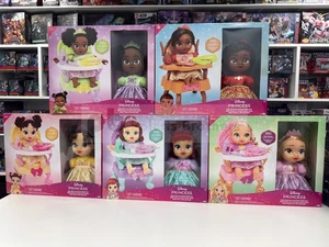 10"+ Disney Princess Baby Dolls with High Chair - Ariel, Belle, Moana, Rapunzel - Picture 1 of 12
