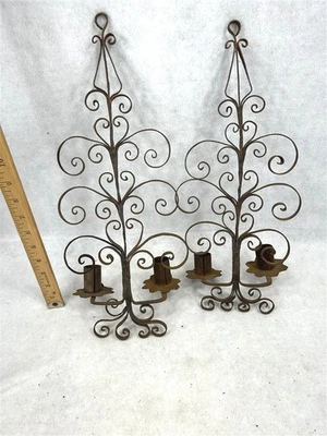 antique candle holder pr 4 cup handmade iron wall hang early primitive original  - Image 1 of 4