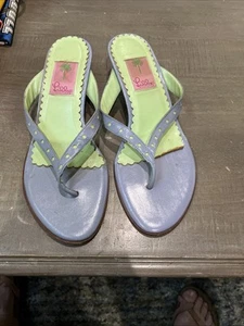Lilly Pulitzer Light Blue 8 1/2M  Leather w/ Flower Kitten Heel Shoes Sandals - Picture 1 of 8