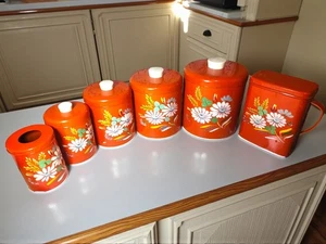 Vintage Ransburg Metal Canister Set Pitcher Orange Floral Poppy 6pc - Picture 1 of 24