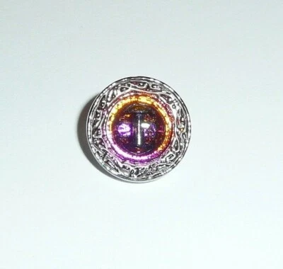 Czech Glass Shield Style Shank Button 14mm Vitral Purple Yellow w/ Silver Finish - Image 1 of 4