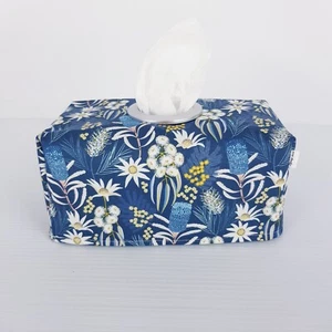 Tissue Box Cover Handmade Navy Blue Floral Print Silver Circle Opening New - Picture 1 of 11