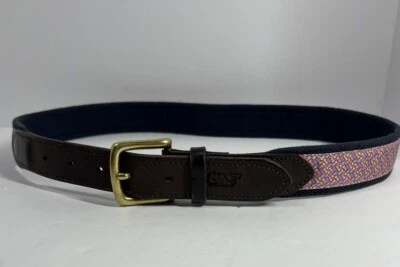 Vineyard Vines Whale Canvas Club cuero marrón rosa azul latón macizo talla 34 Foto 1 de 4